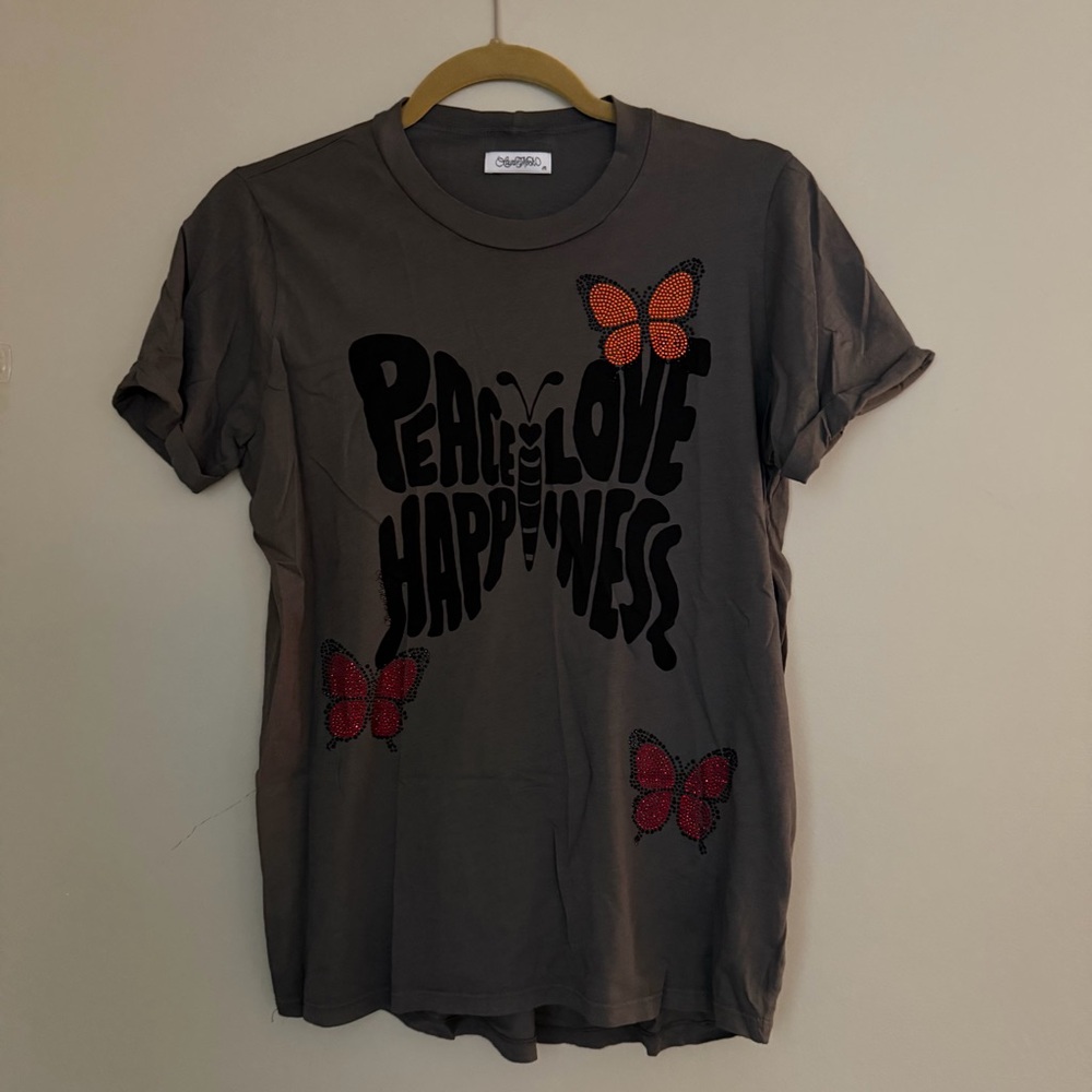 Lauren Moon Charcoal Tee Butterfly Design with Gems Peace Love Happiness EUC